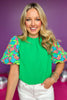 Kelly Green Frill Neck Embroidered Balloon Sleeve Top, top, balloon sleeve top, embroidered balloon sleeve top, green top, bright top, colorful top, must have top, elevated top, elevated style, summer top, summer style, Shop Style Your Senses by Mallory Fitzsimmons, SSYS by Mallory Fitzsimmons