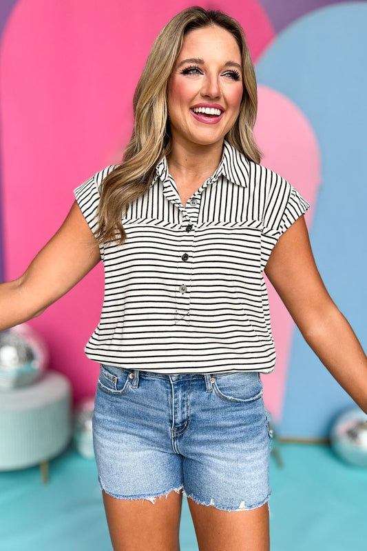Off White Striped Collared Button Down Cap Sleeve Top, stripe top, casual top, must have top, must have style, brunch style, summer style, spring fashion, elevated style, elevated top, mom style, shop style your senses by mallory fitzsimmons, ssys by mallory fitzsimmons