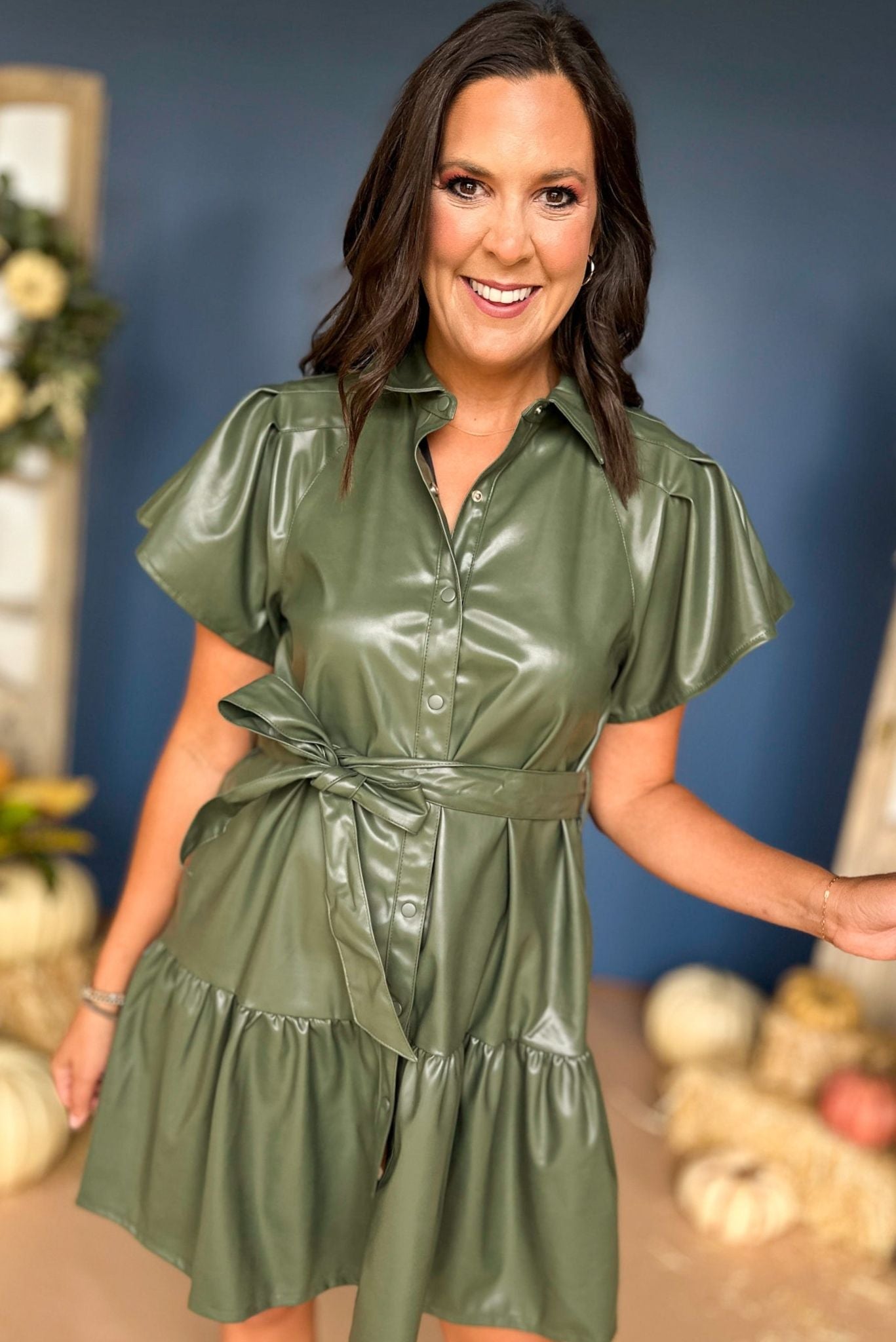 Olive Faux Leather Flutter Sleeve Button Front Dress, must have dress, must have style, fall style, fall fashion, elevated style, elevated dress, mom style, fall collection, fall dress, shop style your senses by mallory fitzsimmons