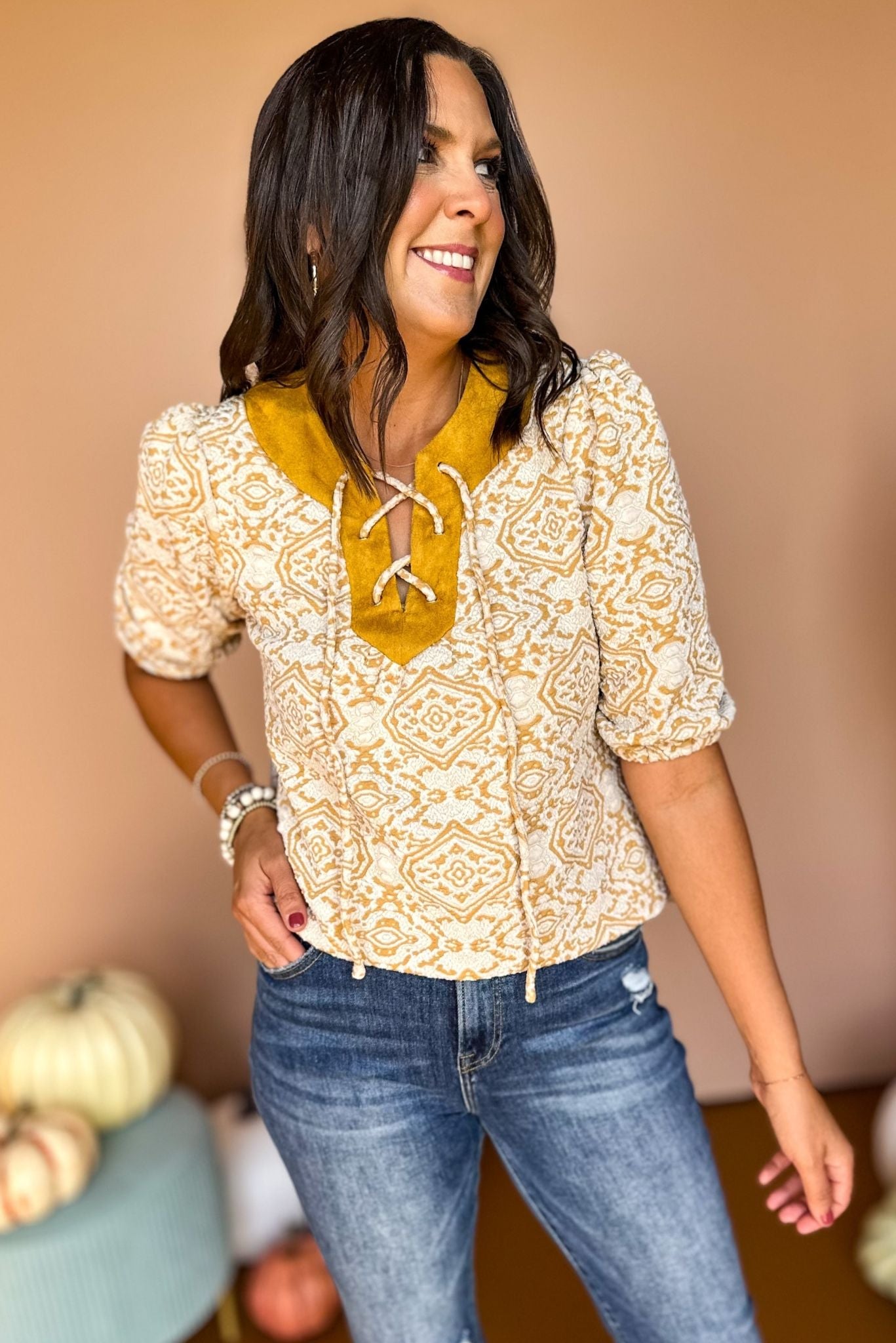 Mustard Yellow Printed Faux Suede Lace Up Textured Knit Top, must have top, must have style, must have fall, fall collection, fall fashion, elevated style, elevated top, mom style, fall style, shop style your senses by mallory fitzsimmons