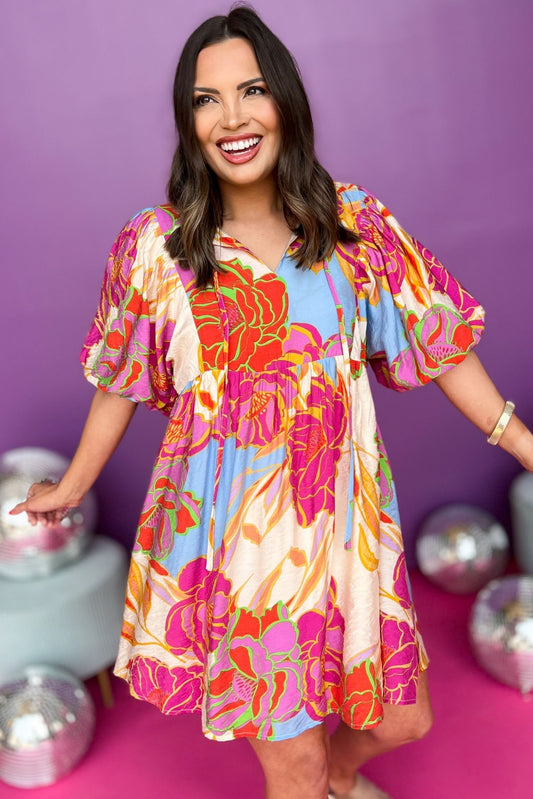 Ivory Multi Floral Tie Neck Half Balloon Sleeve Dress, floral dress, must have dress, must have style, weekend style, spring fashion, elevated style, elevated style, mom style, shop style your senses by mallory fitzsimmons, ssys by mallory fitzsimmons