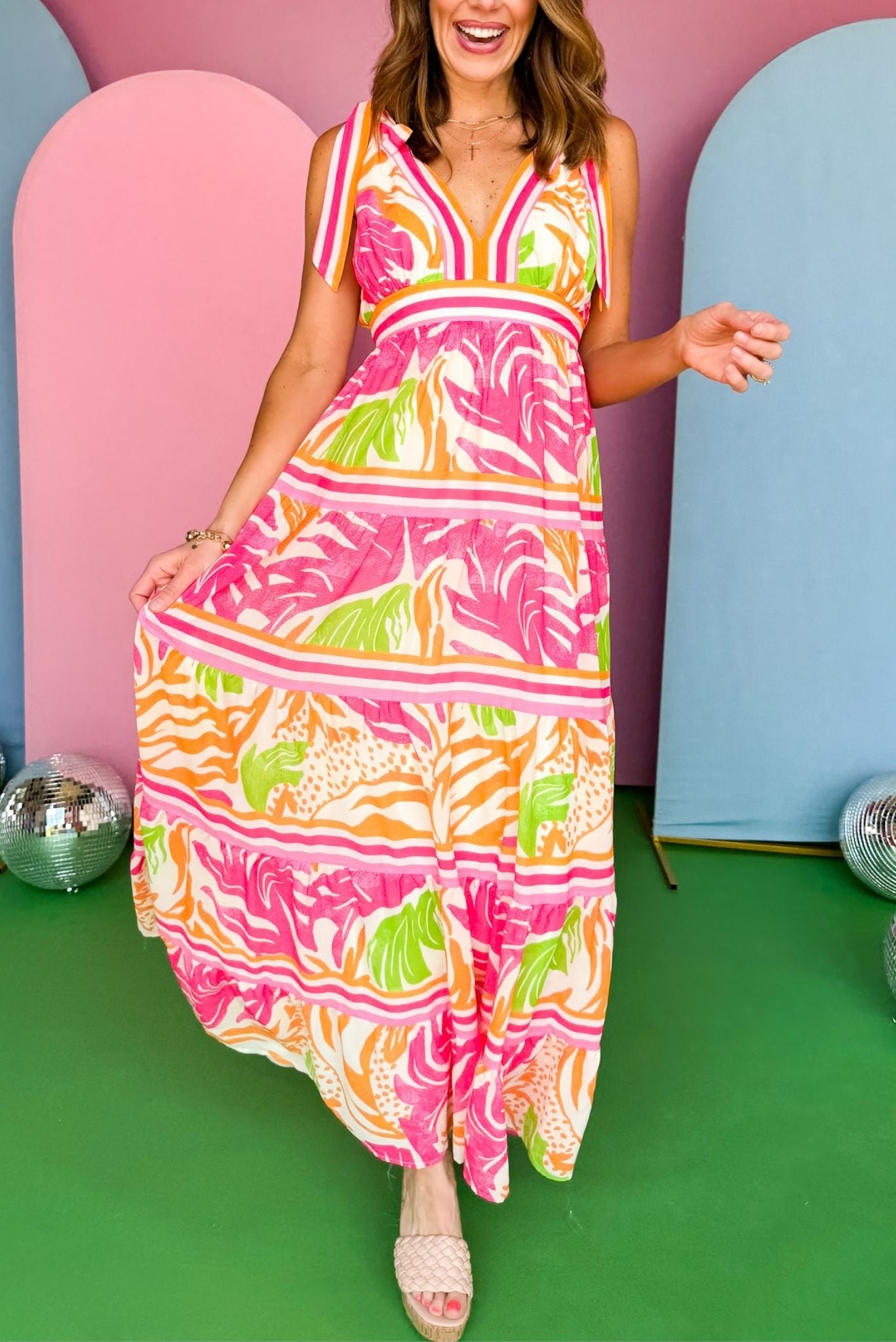 Orange Multi Print V Neck Shoulder Tie Tiered Maxi Dress *FINAL SALE* SSYS Orange Multi Print V Neck Shoulder Tie Tiered Maxi Dress *FINAL SALE* SSYS