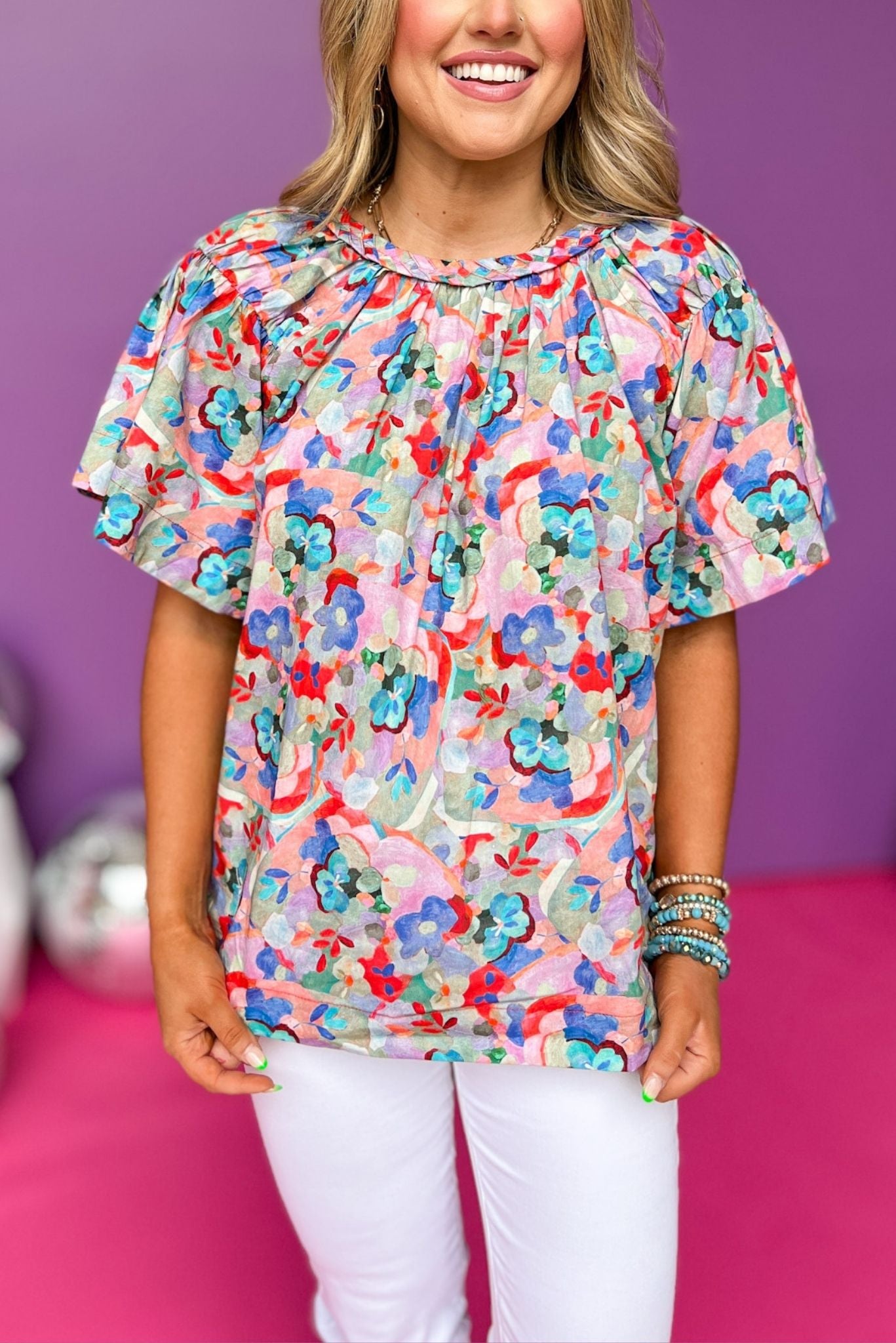 Royal Multi Floral Braid Neck Top, printed top, must have top, must have style, summer style, spring fashion, elevated style, elevated top, mom style, shop style your senses by mallory fitzsimmons, ssys by mallory fitzsimmons  Edit alt text