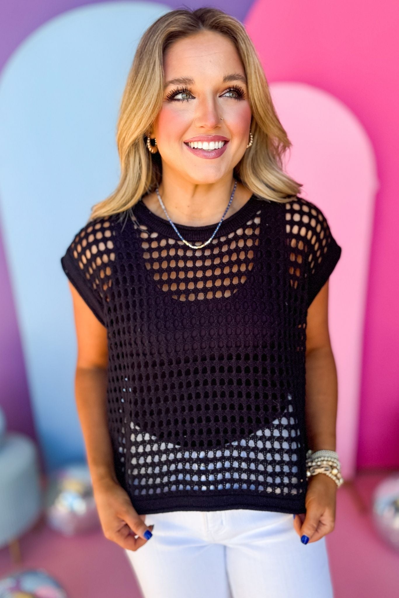 Black U Neck Slay Sleeve Crochet Top, must have top, must have style, brunch style, summer style, spring fashion, elevated style, elevated top, mom style, shop style your senses by mallory fitzsimmons, ssys by mallory fitzsimmons