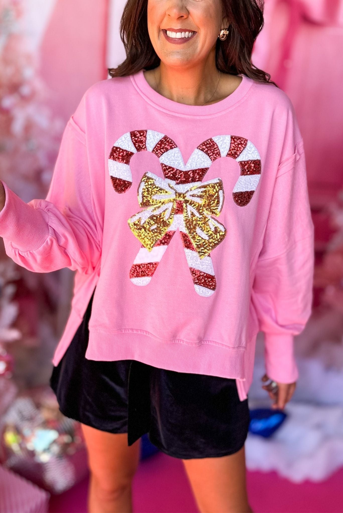 Pink French Terry Sequin Candy Cane Long Sleeve Top, must have sweater, must have style, holiday style, holiday fashion, elevated style, elevated dress, mom style, holiday collection, holiday sweater, shop style your senses by mallory fitzsimmons