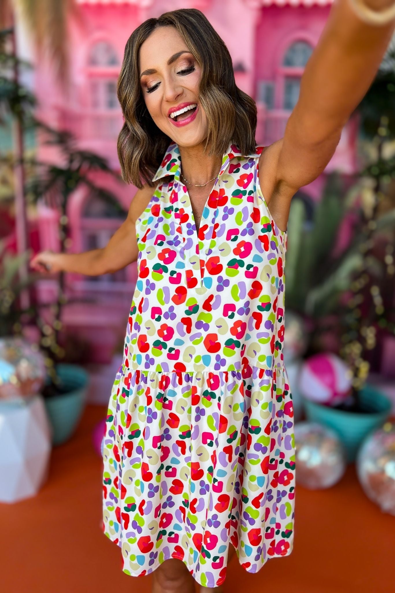 SSYS The Kendall Sleeveless Collared Dress In Animal, ssys the label, spring break dress, spring break style, spring fashion affordable fashion, elevated style, bright style, printed dress, mom style, shop style your senses by mallory fitzsimmons, ssys by mallory fitzsimmons