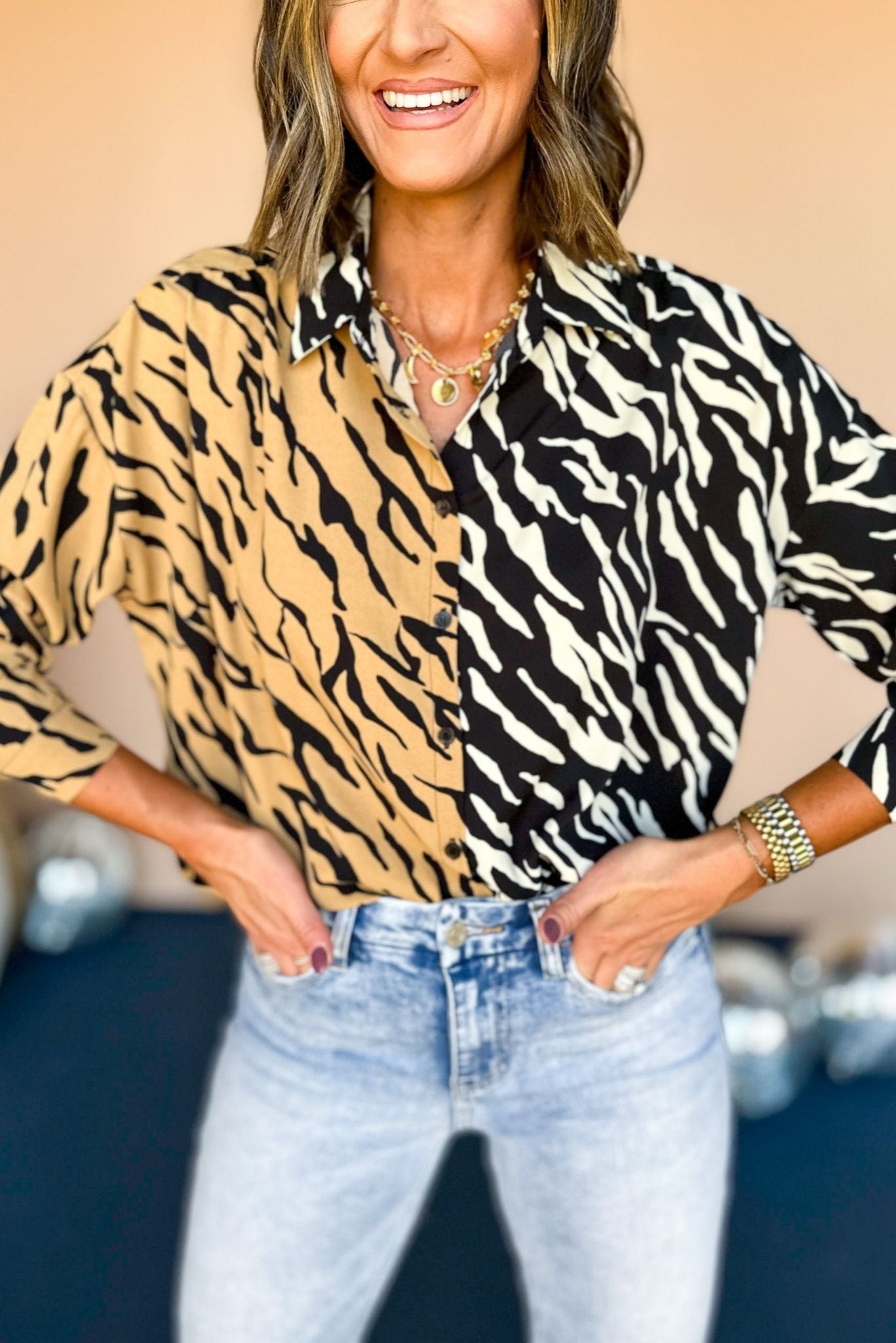 Brown Black Animal Printed Contrast Button Front Top, elevated top, elevaed style, must have top, must have style, fall top, printed top, mom style, fall fashion, shop style your senses by mallory fitzsimmons