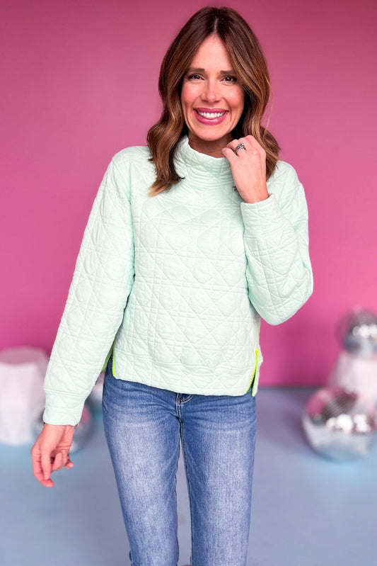  SSYS The Ava Colorblock Zipper Quilted Pullover In Mint, SSYS the label, Must have pullover, must have style, elevated pullover, spring style, mom style, spring fashion, comfortable fashion, mom fashion, shop style your senses by Mallory Fitzsimmons