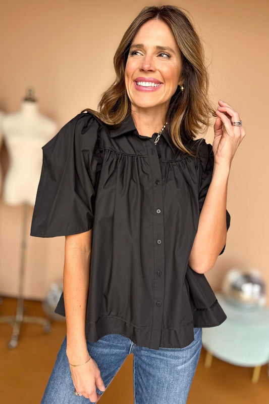 Black Button Front Collared Puff Sleeve Top, must have top, must have style, fall style, fall fashion, elevated style, elevated dress, mom style, fall collection, fall top, shop style your senses by mallory fitzsimmons