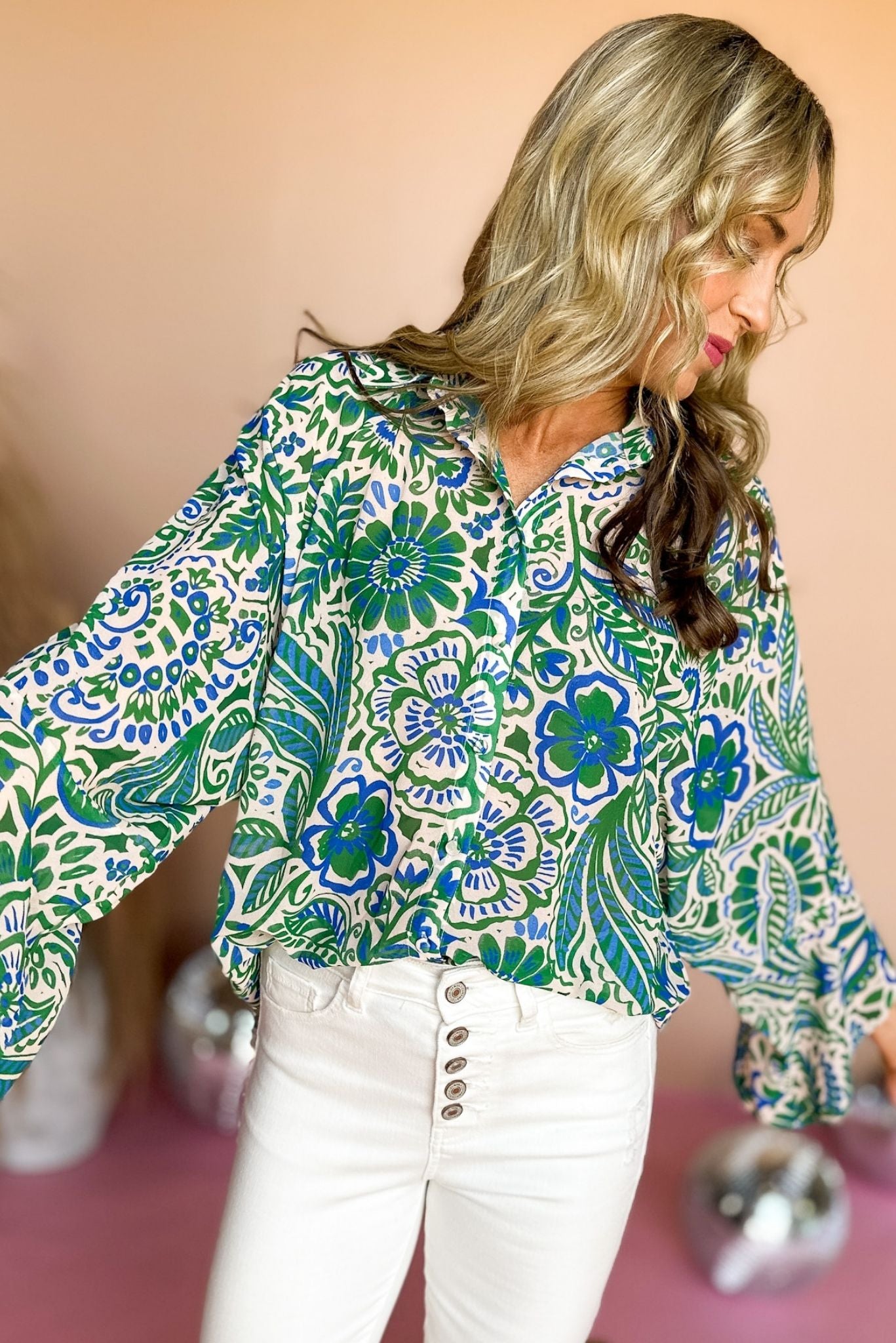 Green Paisley Printed Relaxed Fit Button Down Top, paisley, button up, collar detail, new arrival, date night, shop style your senses by mallory fitzsimmons