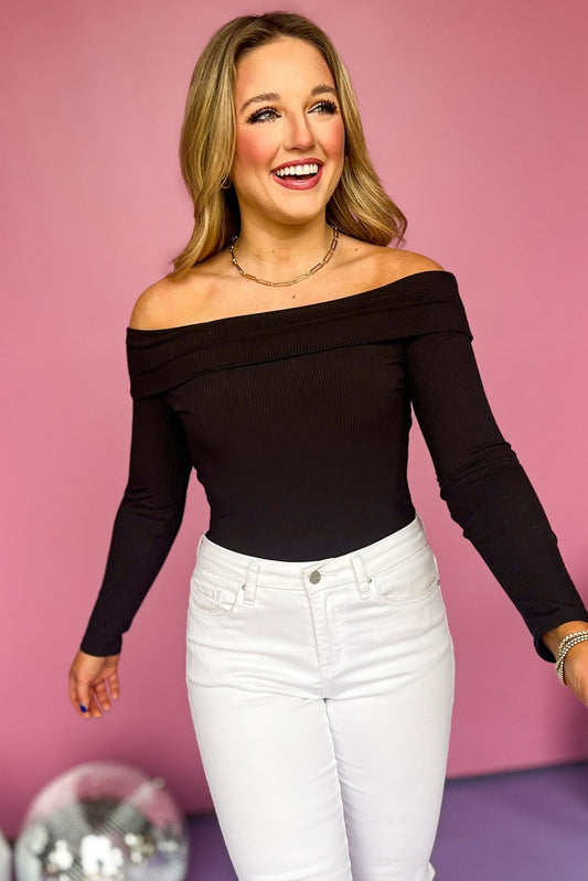 Black Ribbed Knit Off Shoulder Long Sleeve Top *FINAL SALE* *Final Sale*, Saturday steal, must have top, must have style, date night style, summer style, spring fashion, elevated style, elevated top, mom style, shop style your senses by mallory fitzsimmons, ssys by mallory fitzsimmons