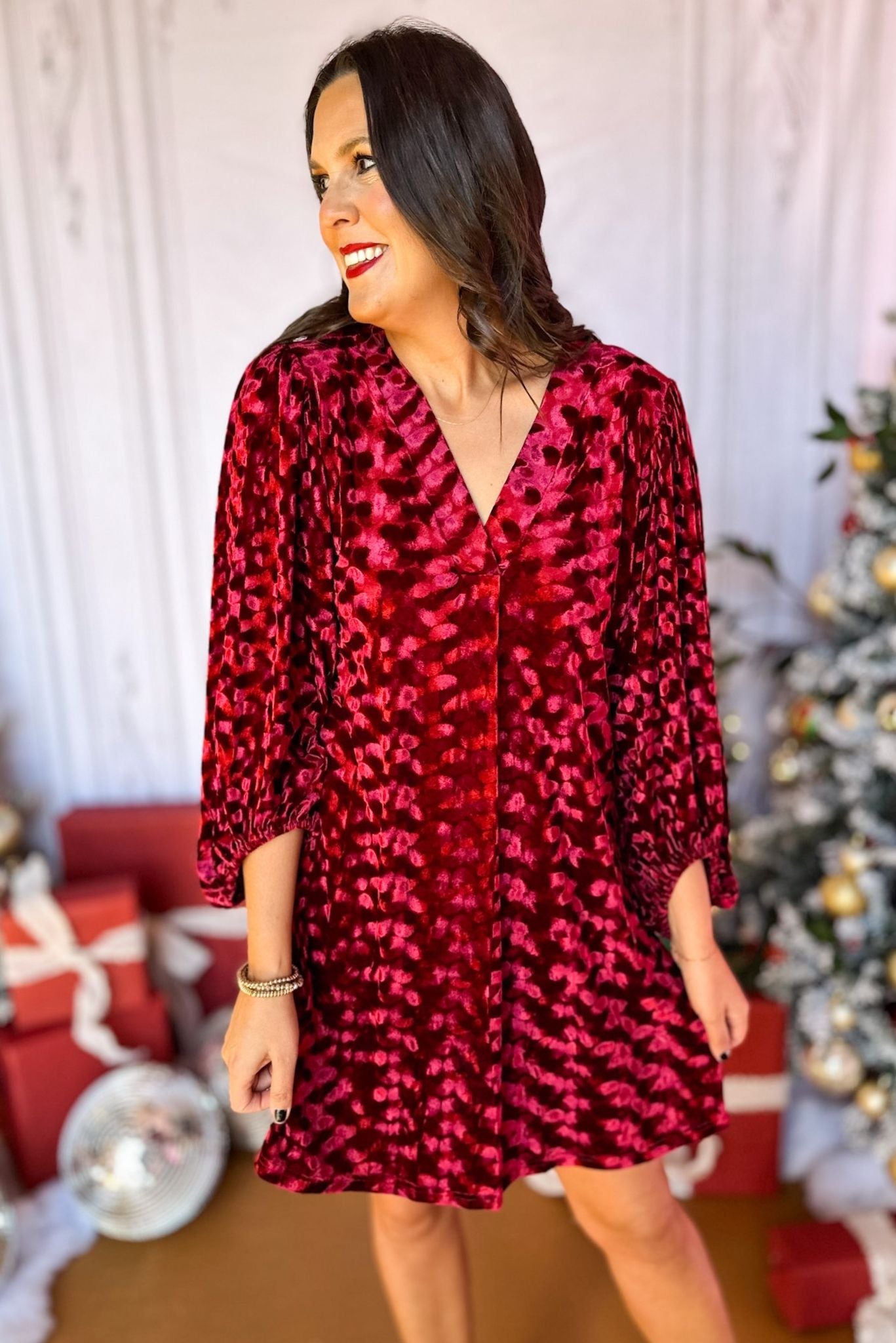 Burgundy Velvet V Neck Bubble Long Sleeve Dress, must have dress, must have style, elevated dress, elevated style, holiday style, holiday fashion, elevated holiday, holiday collection, affordable fashion, mom style, shop style your senses by mallory fitzsimmons