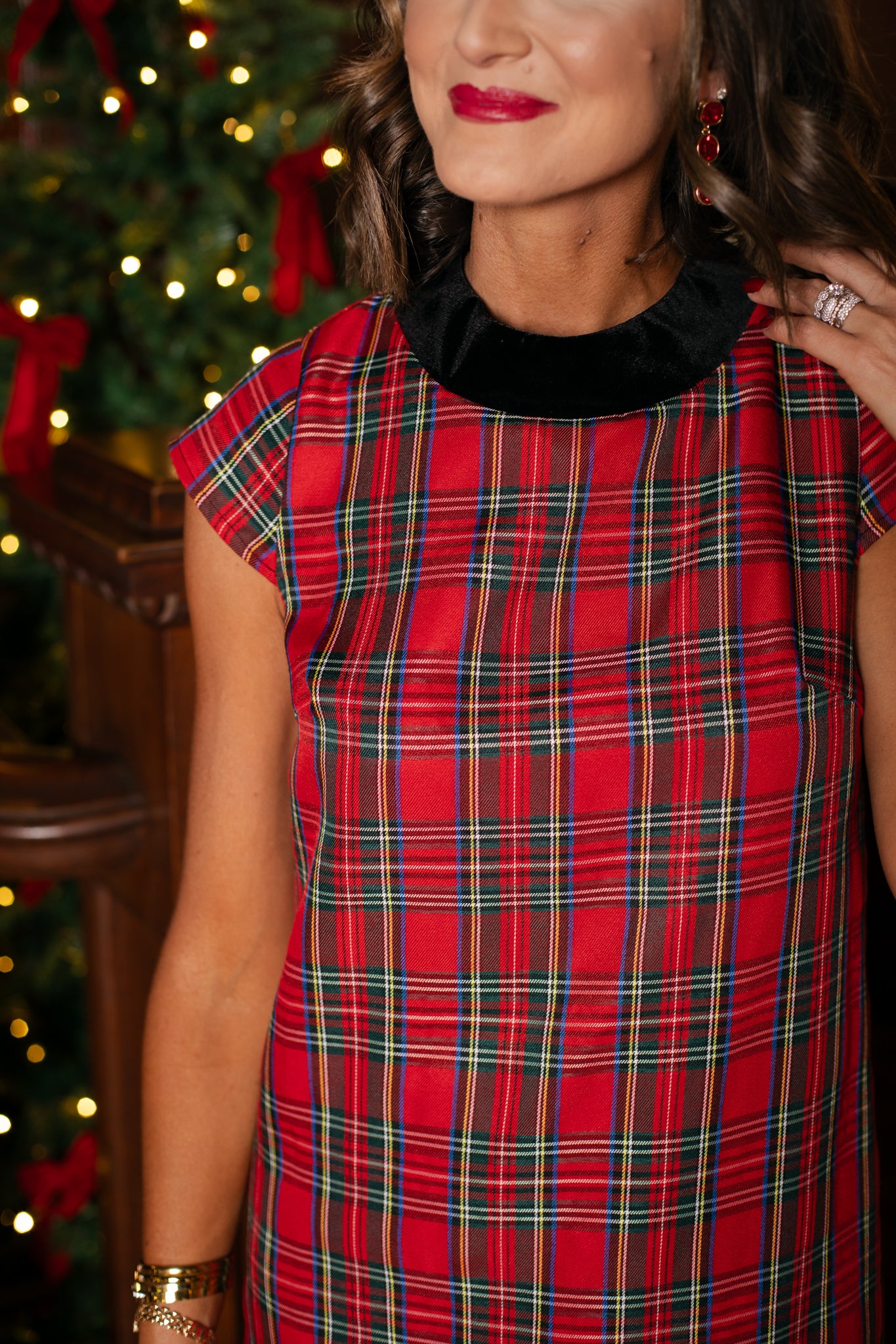 SSYS Nora Velvet Collar Cap Sleeve Maxi Dress In Red Tartan