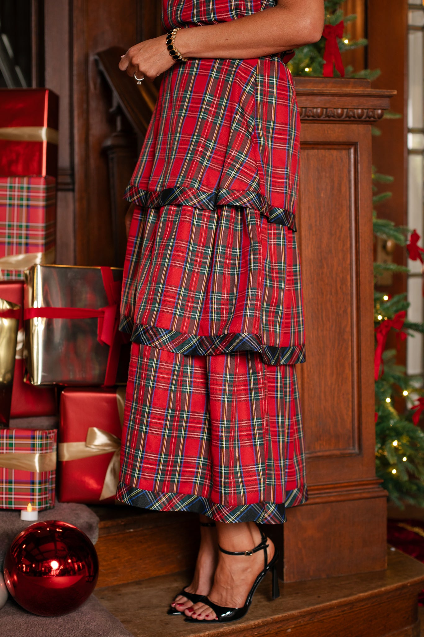 SSYS Josslyn Three Tier Maxi Skirt In Inverted Red Tartan