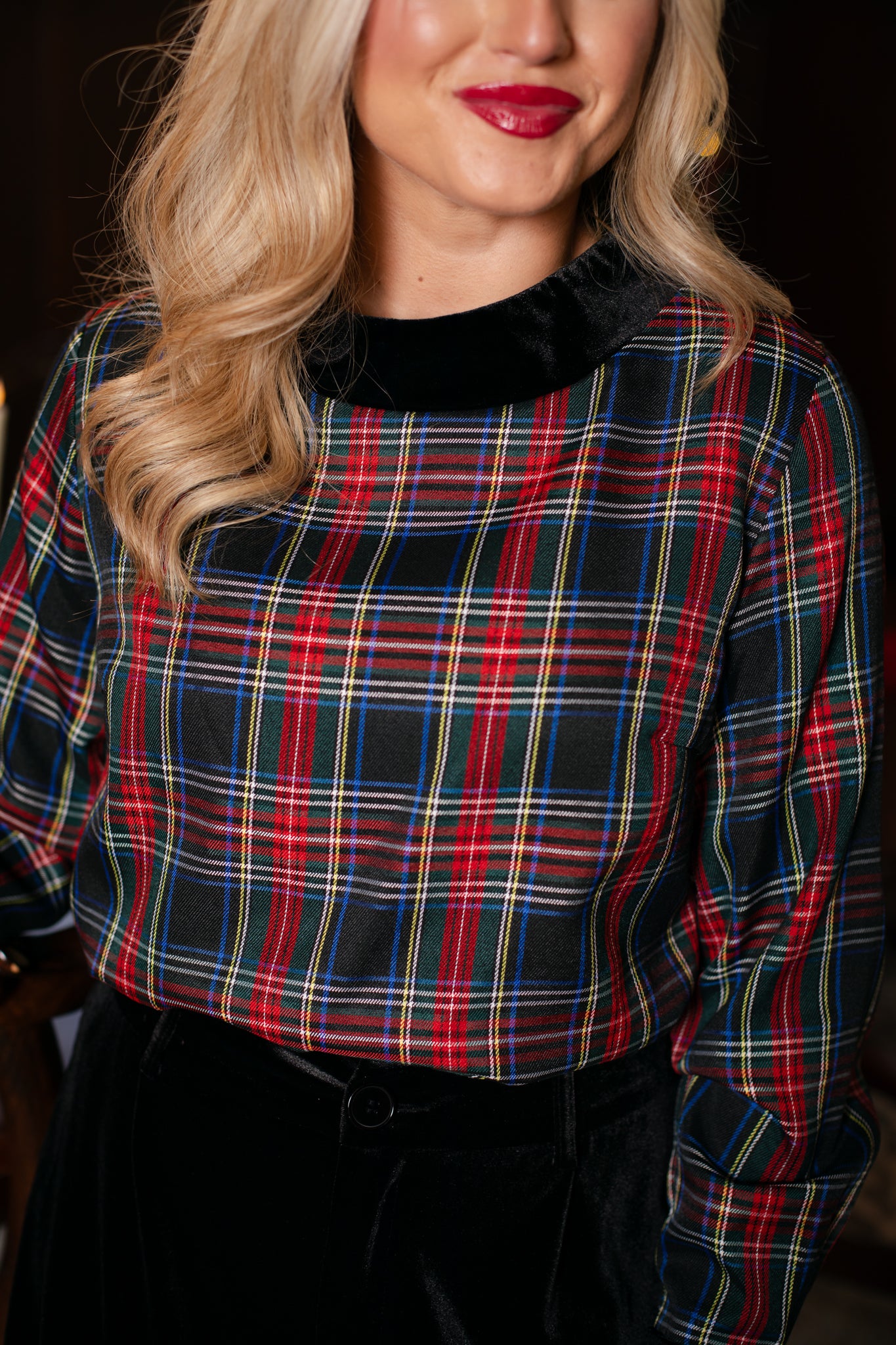 SSYS Joanna Velvet Trim Long Sleeve In Black Tartan
