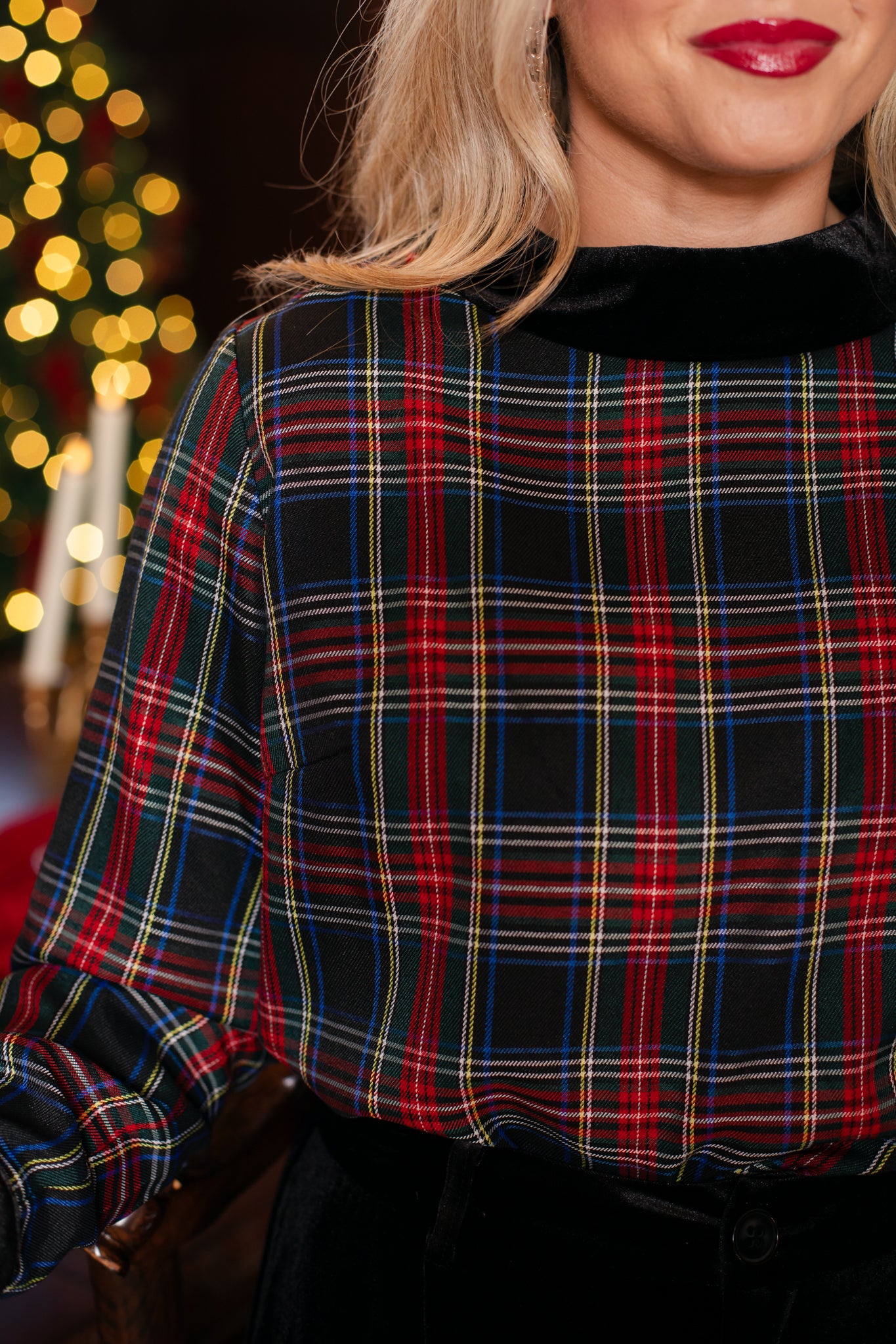 SSYS Joanna Velvet Trim Long Sleeve In Black Tartan