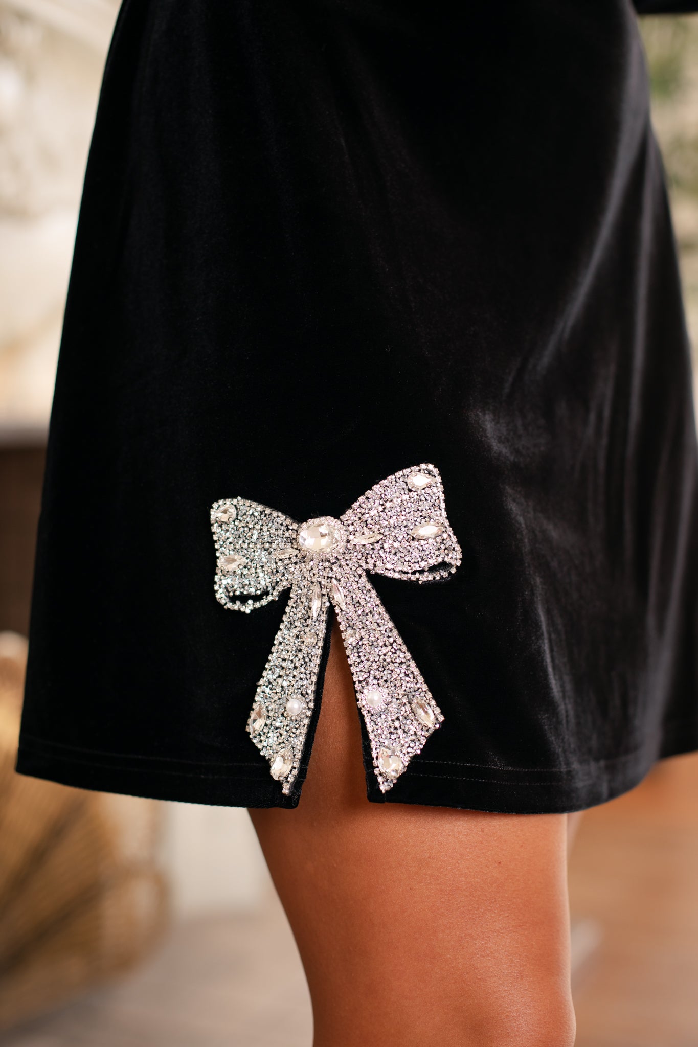 SSYS Keeley Velvet Mini Dress with Rhinestone Bow In Black