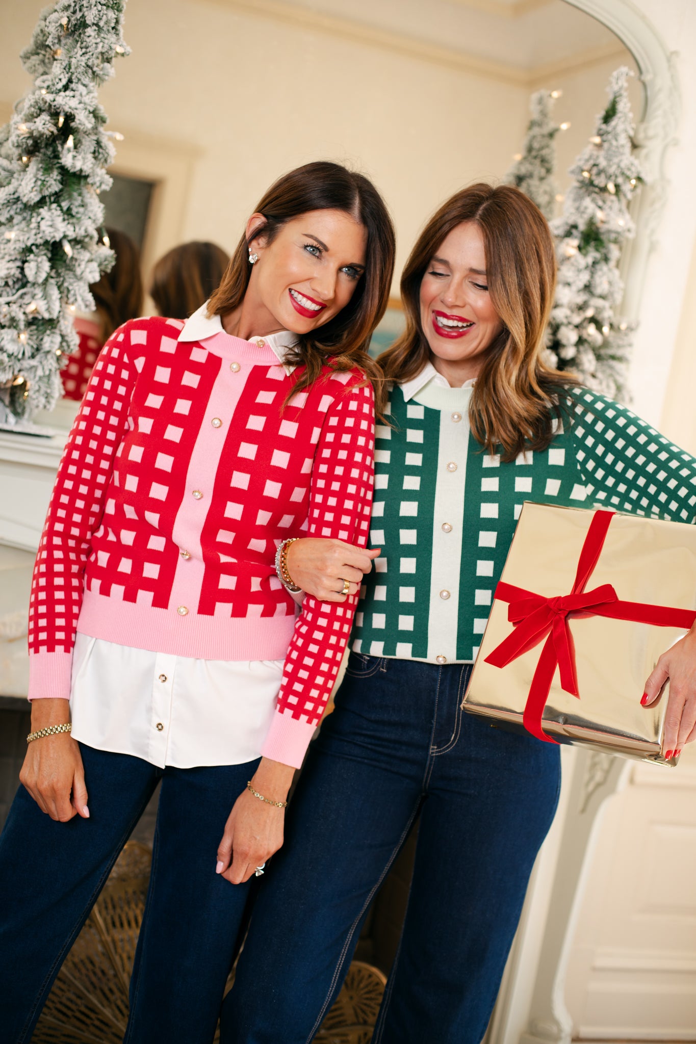 SSYS Elina Long Sleeve Gingham Sweater In Red Pink