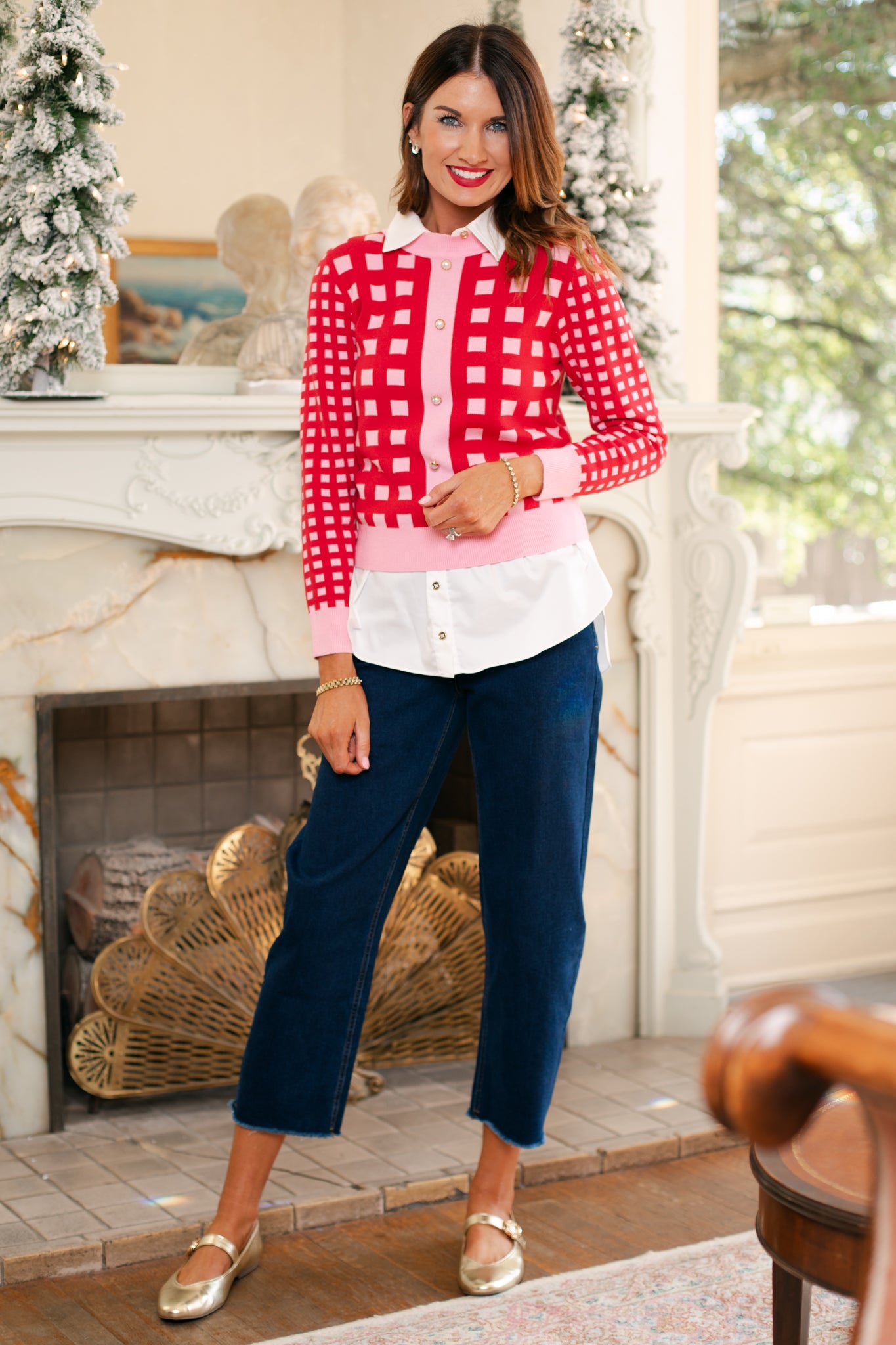 SSYS Elina Long Sleeve Gingham Sweater In Red Pink