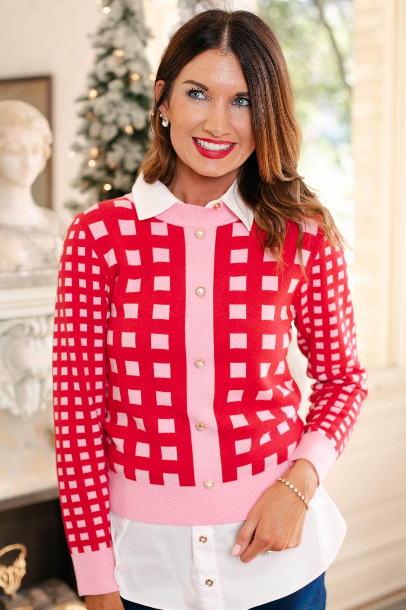 SSYS Elina Long Sleeve Gingham Sweater In Red Pink