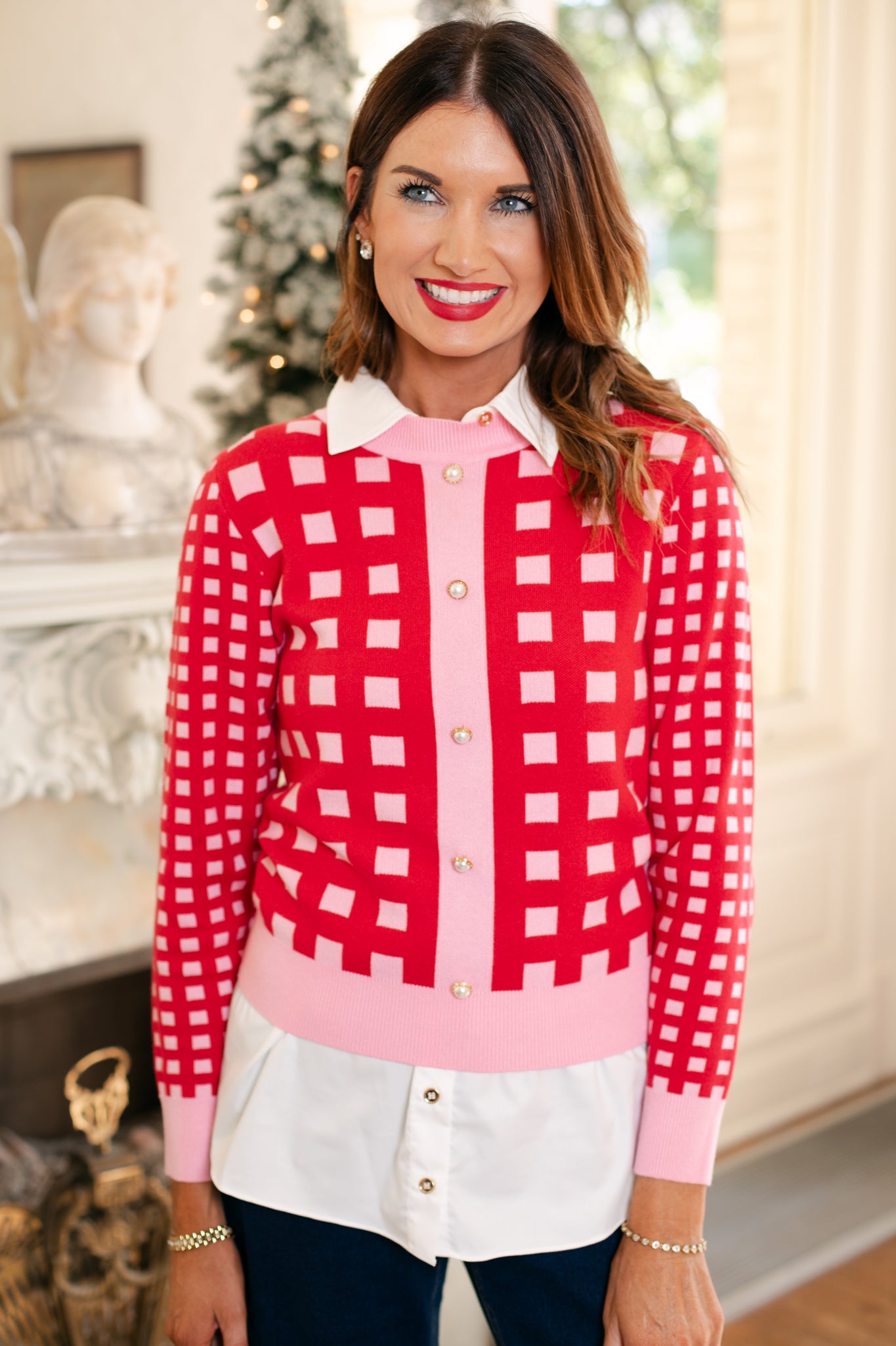 SSYS Elina Long Sleeve Gingham Sweater In Red Pink