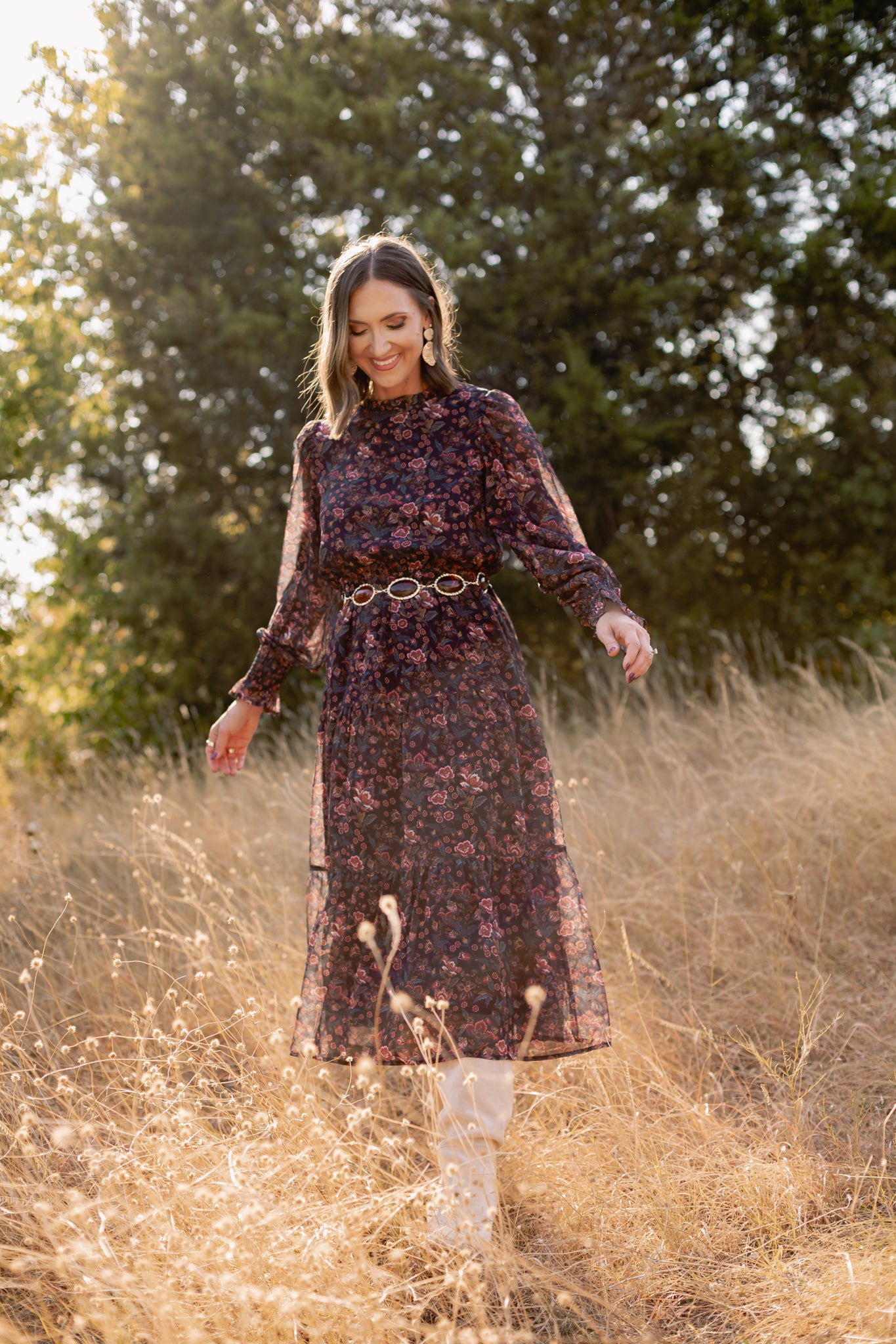 SSYS Danielle Long Sleeve Tiered Maxi Dress In Midnight Teal Floral