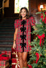 SSYS Everly Velvet Bow Trim Puff Sleeve Shift Dress In Red Tartan