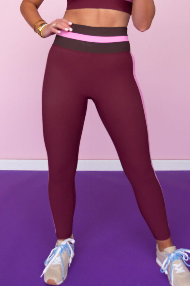 SSYS Pink and Chocolate Contrast Ribbed Maroon High Waist Leggings
