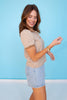 SSYS Megan Striped Short Sleeve Polo Puff Shoulder Top In Taupe