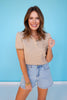 SSYS Megan Striped Short Sleeve Polo Puff Shoulder Top In Taupe