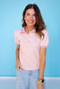 SSYS Megan Striped Short Sleeve Polo Puff Shoulder Top In Blush