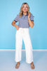 SSYS Megan Striped Short Sleeve Polo Puff Shoulder Top In Washed Navy