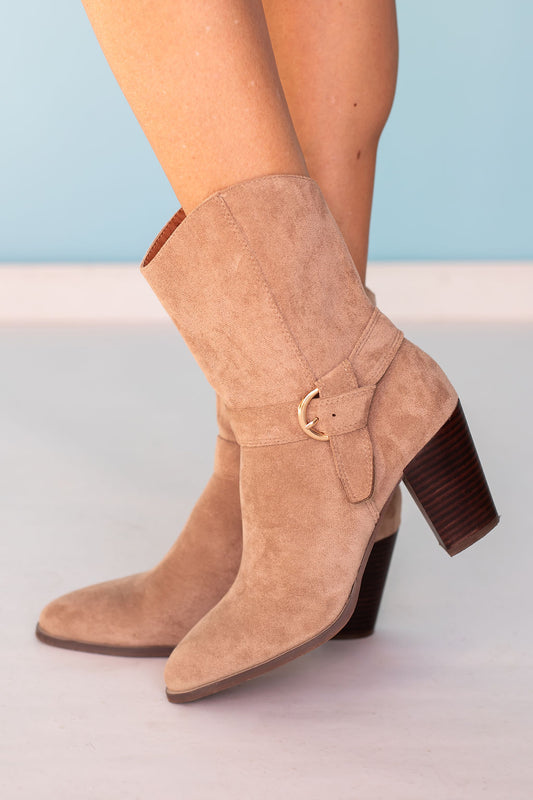 Taupe Suede Knot Buckle Short Boots