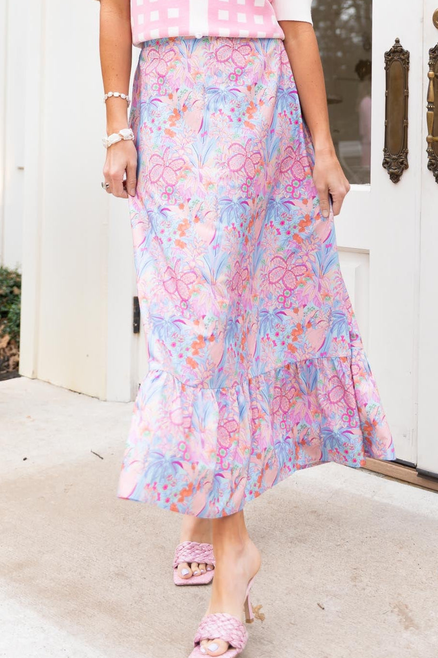 SSYS Daisy One Tier Maxi Skirt In Pastel Palms *FINAL SALE*