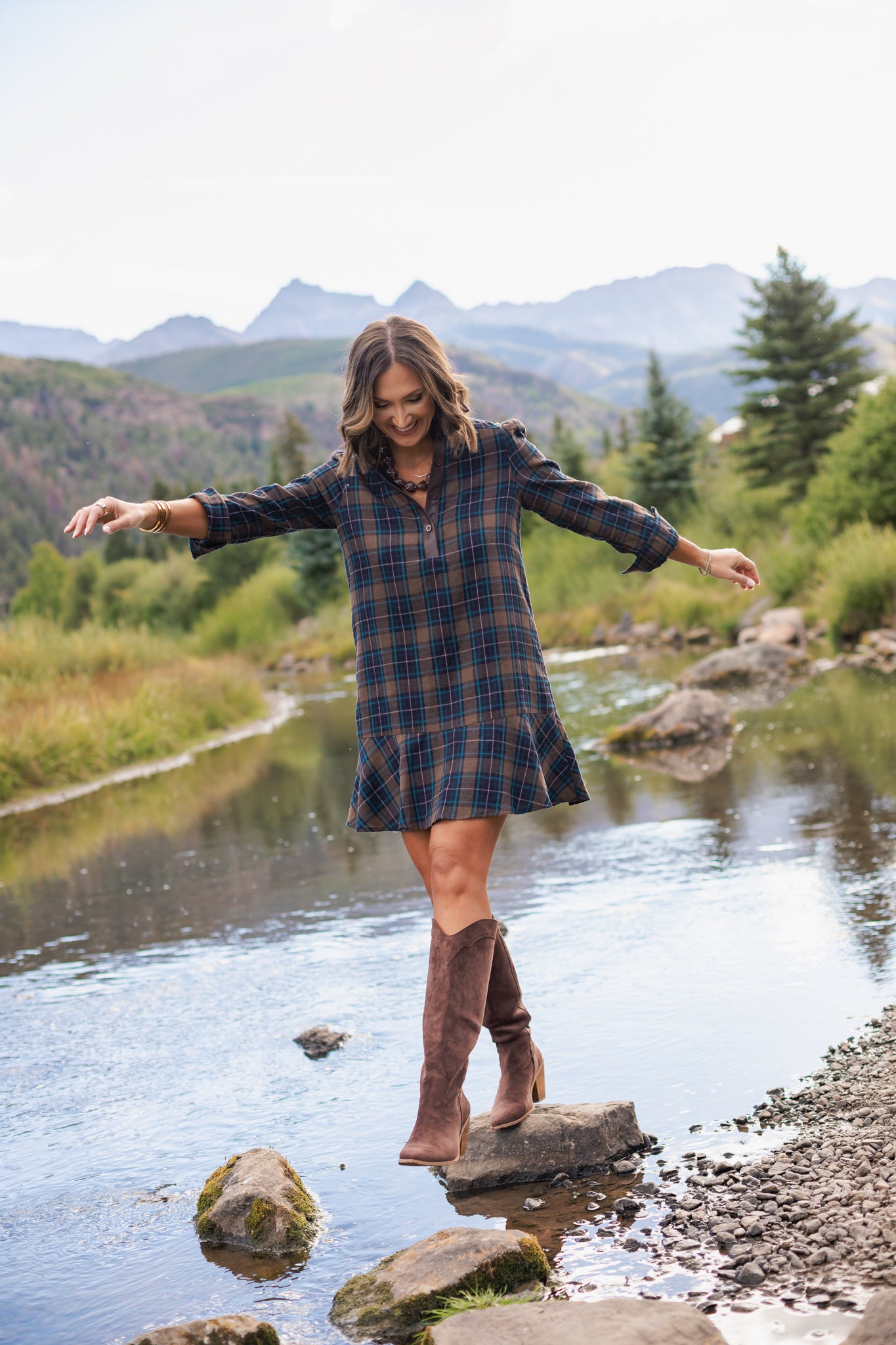 SSYS Susannah Drop Waist Ruffle Hem Shirt Dress In Brown Plaid
