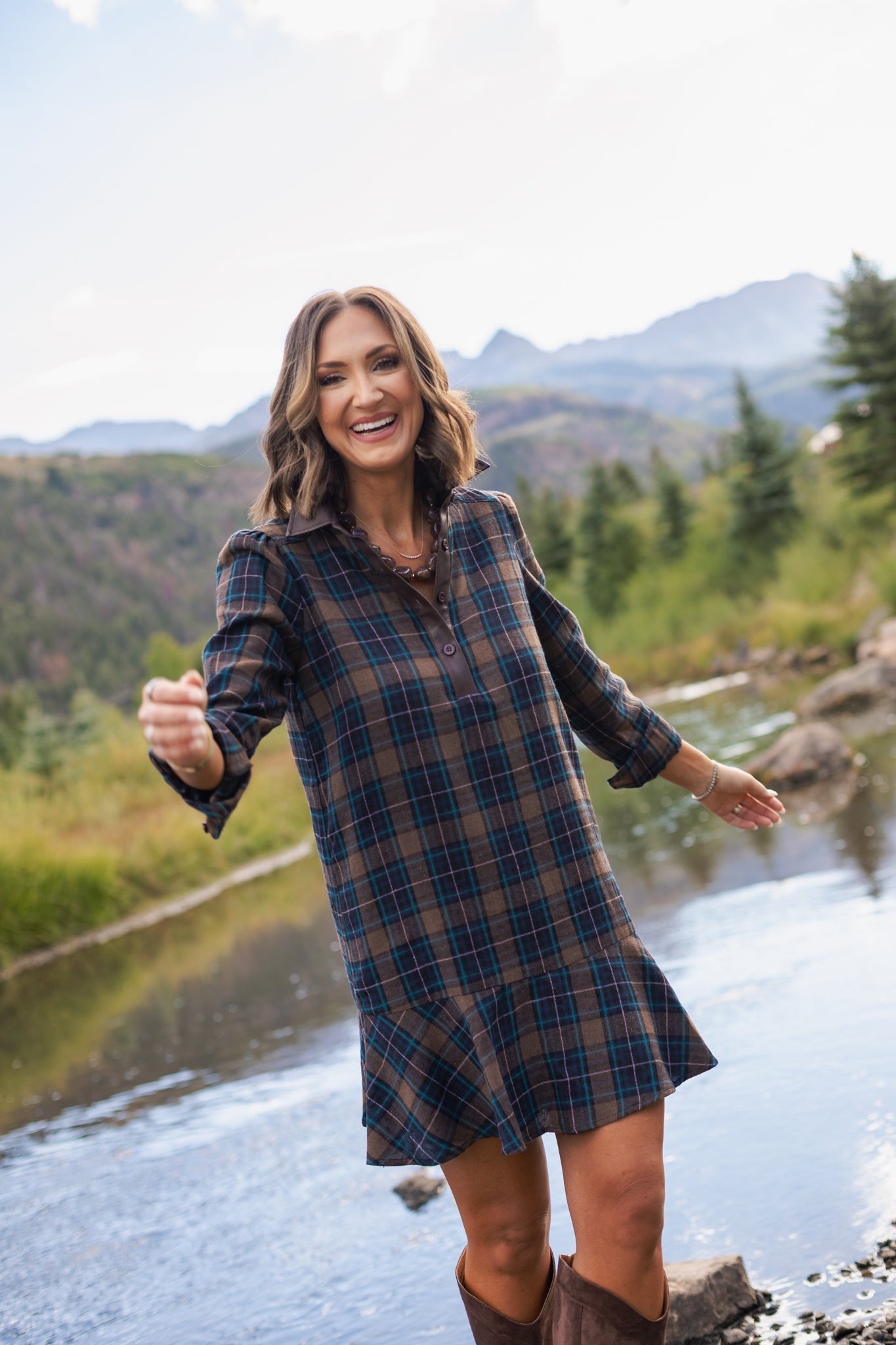 SSYS Susannah Drop Waist Ruffle Hem Shirt Dress In Brown Plaid