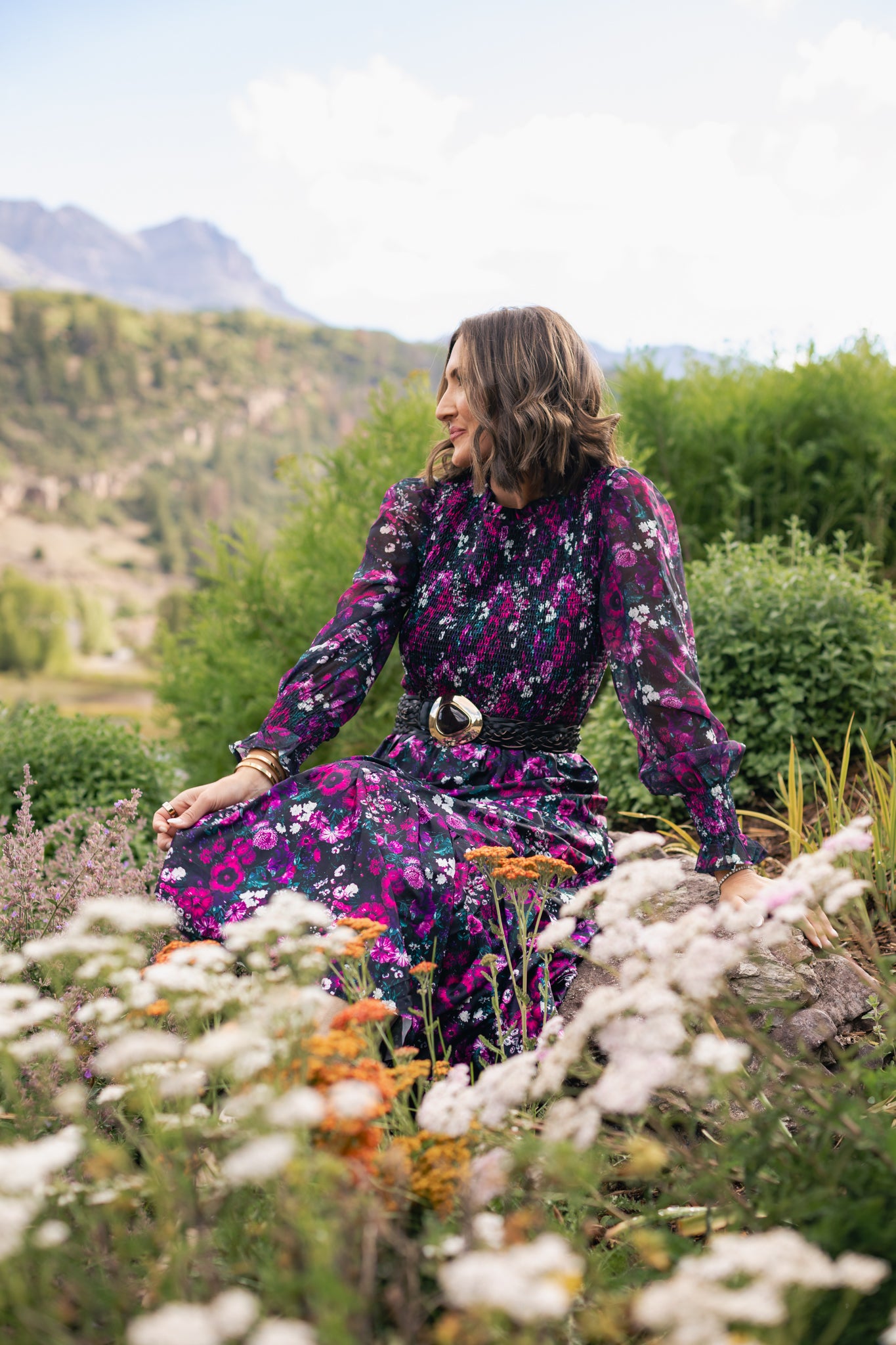 SSYS Wrenley Sheer Long Sleeve Tiered Maxi Dress In Berry Floral