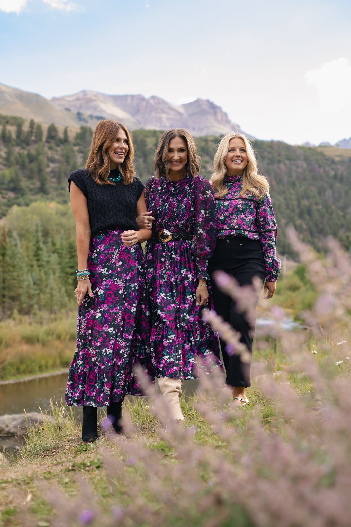 SSYS Wrenley Sheer Long Sleeve Tiered Maxi Dress In Berry Floral