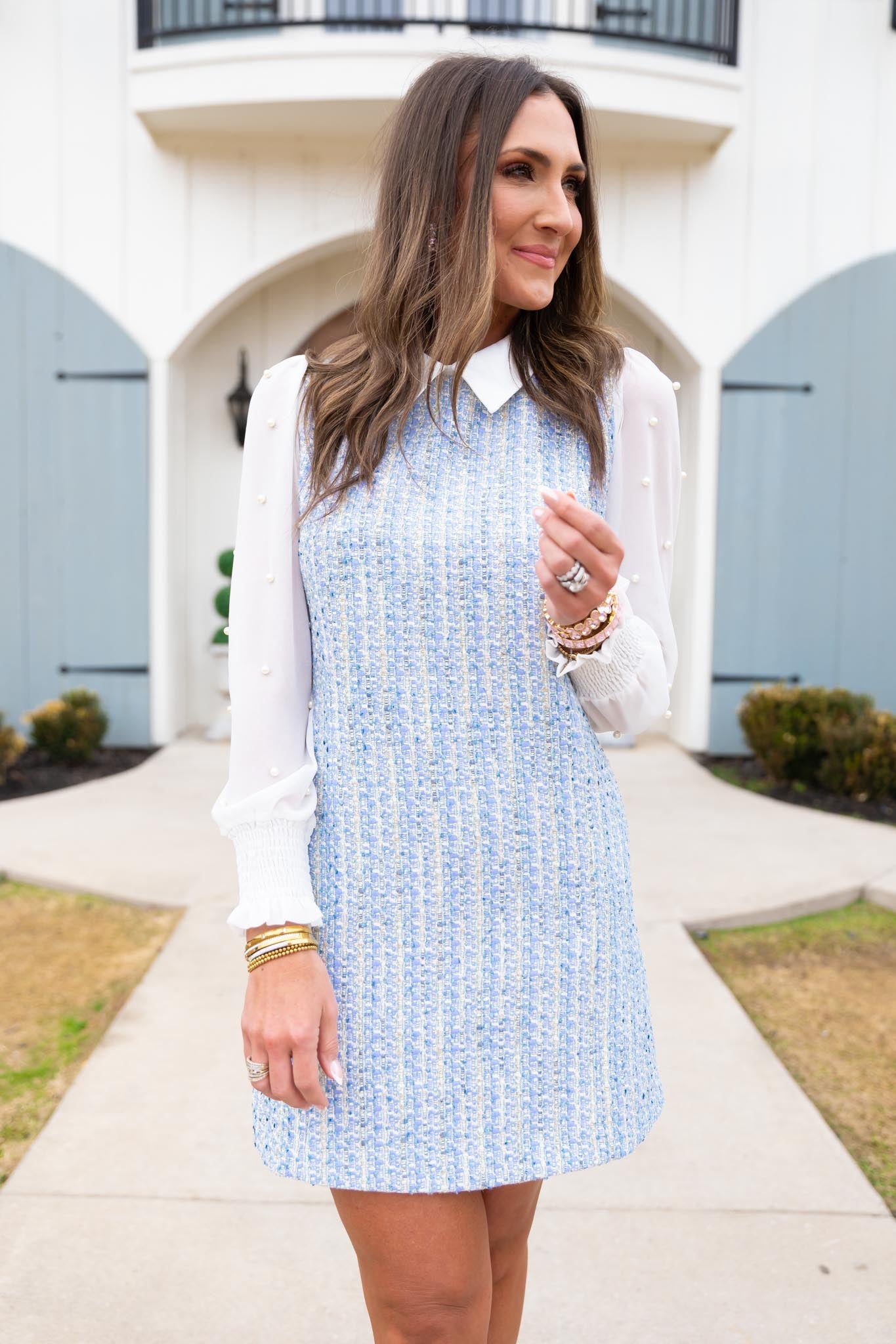 light blue tweed dress Button Up Contrast Trim High Neck, Taryn Mini in Blue, Size S, a date night SSYS Elowyn Sheer Sleeve Collared