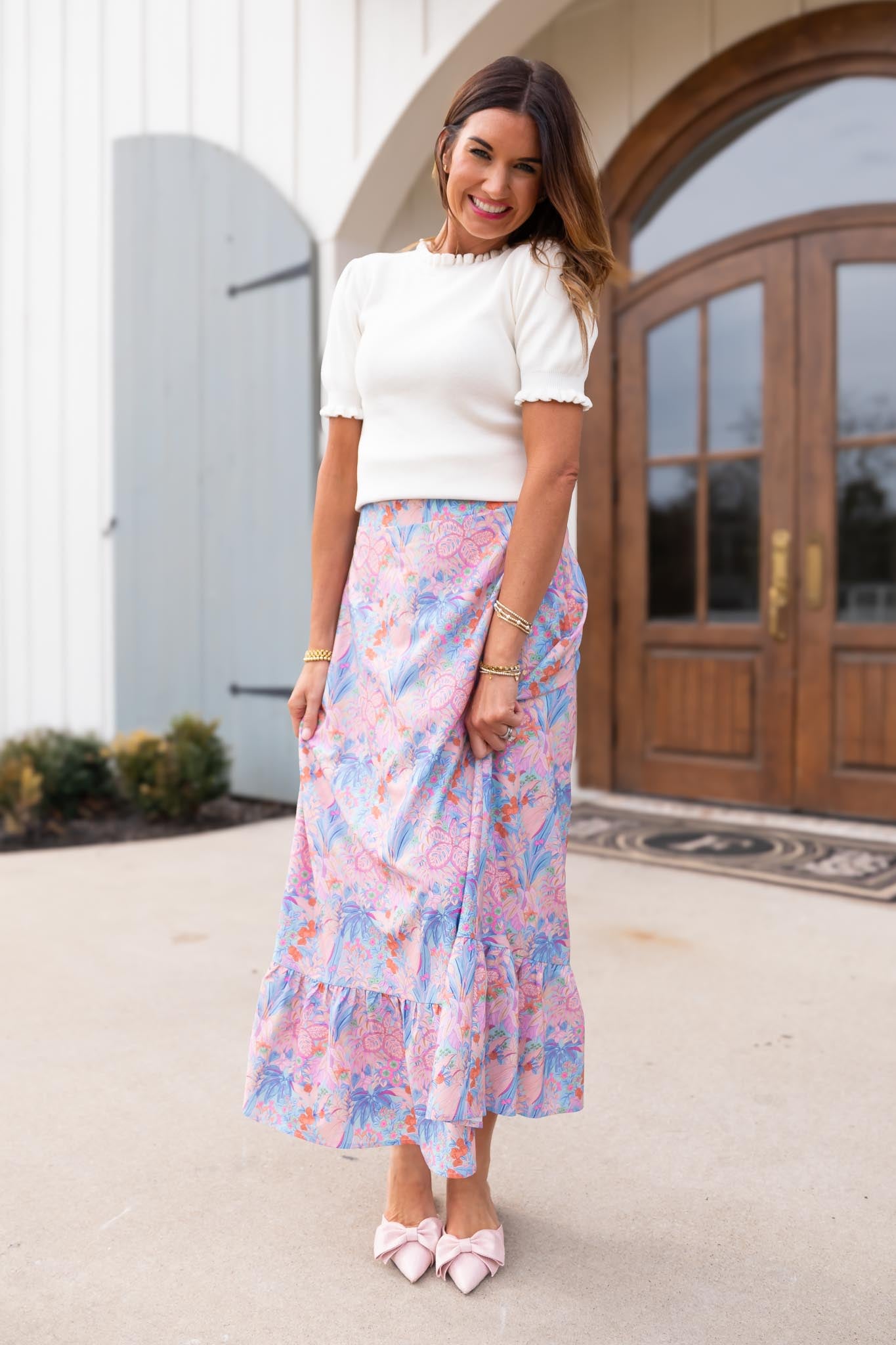 SSYS Alina Short Sleeve Ruffle Sweater Top In Ivory