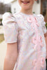 SSYS Kids Everly Satin Bow Trim Puff Sleeve Shift Dress In Pink Brocade