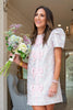 SSYS Everly Satin Bow Trim Puff Sleeve Shift Dress In Pink Brocade *FINAL SALE*
