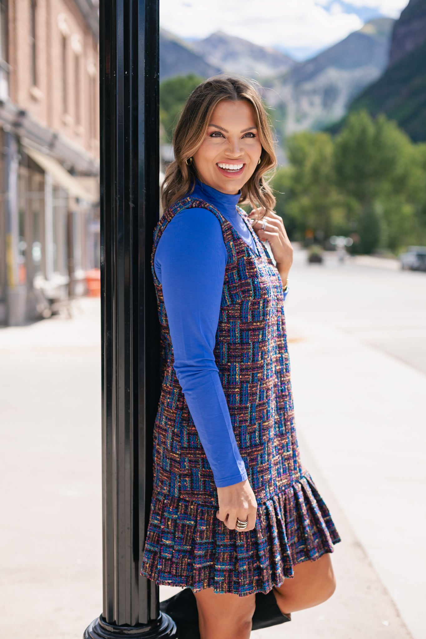 SSYS Cindy Lou Tweed Pleated Jumper Dress In Navy Multi