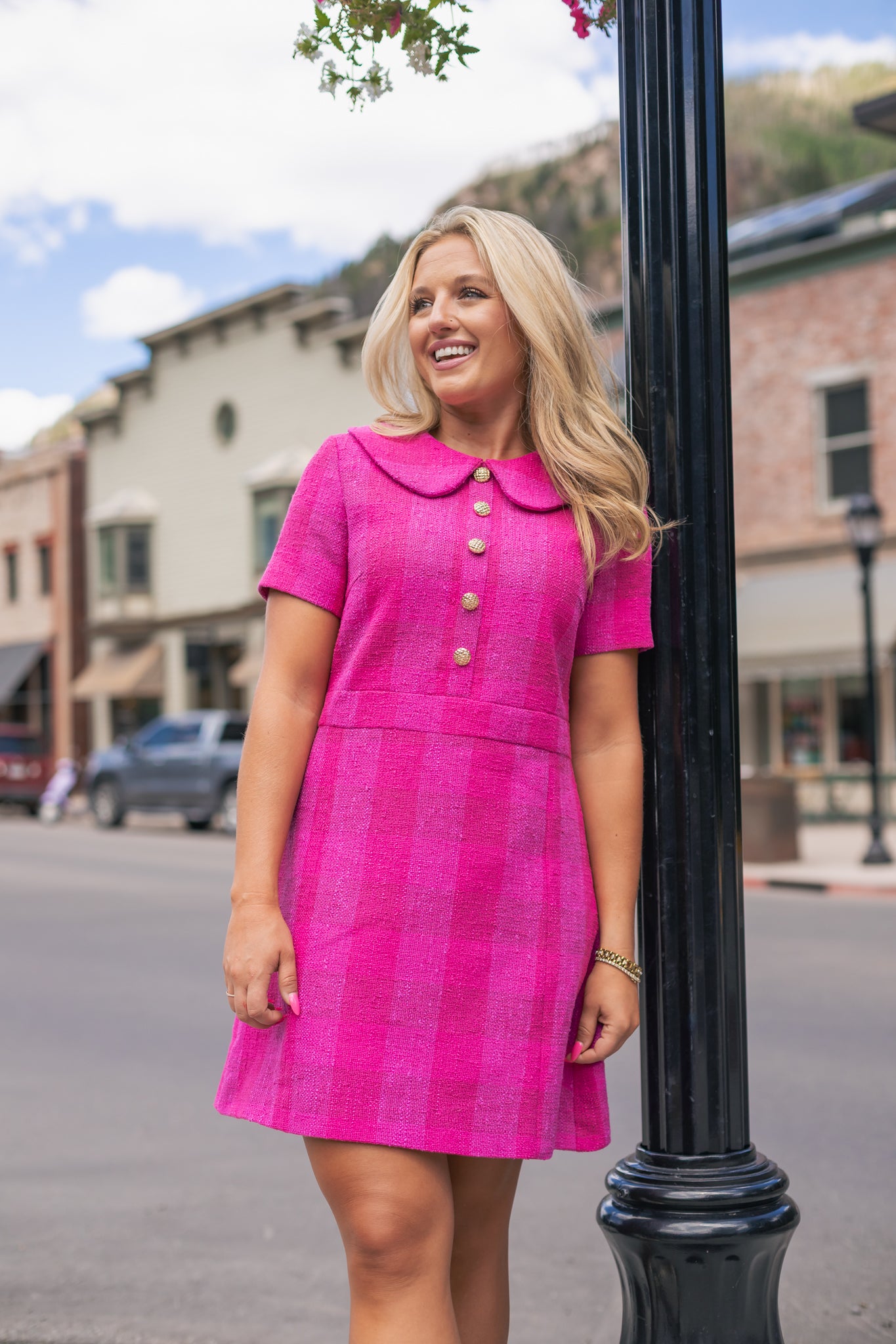 SSYS Nina Tweed Peter Pan Collar Dress In Magenta