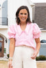 SSYS Gemma Peter Pan Pearl Trim Collar Short Sleeve Poplin Top In Pink