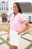 SSYS Gemma Peter Pan Pearl Trim Collar Short Sleeve Poplin Top In Pink