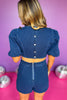 Denim Side Ruched Back Cut Out Puff Sleeve Romper, romper, denim romper, back cut out detail, back cut out romper, back cut out denim romper, puff sleeve detail, puff sleeve romper, puff sleeve denim romper, ruched back detail, ruched back romper, ruched back denim romper, must have romper, elevated romper, elevated style, summer romper, summer style, Shop Style Your Senses by Mallory Fitzsimmons, SSYS by Mallory Fitzsimmons