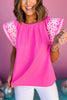 Pink U Neck Embroidered Flutter Sleeve Top, bright top, must have top, must have style, brunch style, summer style, spring fashion, elevated style, elevated top, mom style, shop style your senses by mallory fitzsimmons, ssys by mallory fitzsimmons
