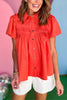 Orange Collared Frill Detail Shoulder Short Sleeve Button Down Top, orange top, button down top, must have top, must have style, summer style, spring fashion, elevated style, elevated top, mom style, shop style your senses by mallory fitzsimmons, ssys by mallory fitzsimmons  Edit alt text