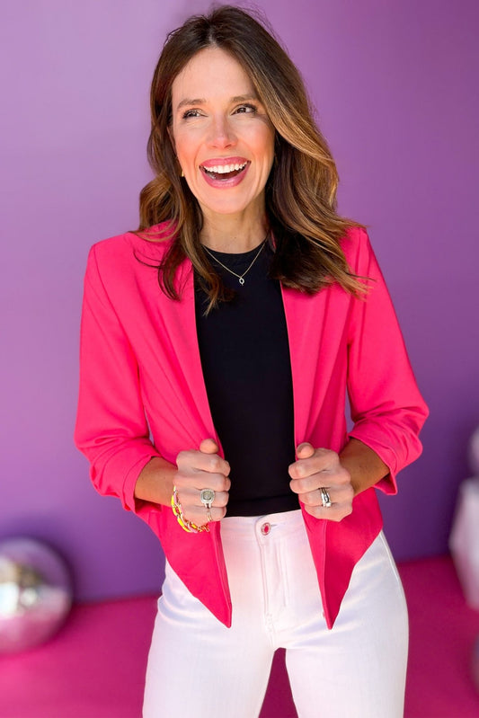 Fuchsia Long Sleeve Open Blazer Jacket, Saturday steal, blazer, must have blazer, must have jacket, spring style, spring fashion, elevated style, layering piece, mom style, shop style your senses by Mallory Fitzsimmons, says by Mallory Fitzsimmons